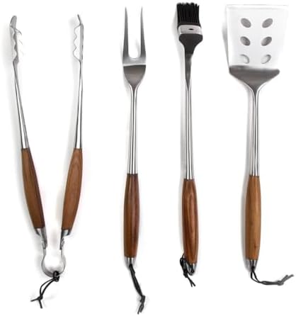 Schmidt Brothers - BBQ Bonded Teak 4 Piece Grilling Accessory Set, Full-Forged Stainless Steel Grilling Utensils Including Spatula, Fork, Basting Brush, and Tongs with All Wood Handles - Image 2