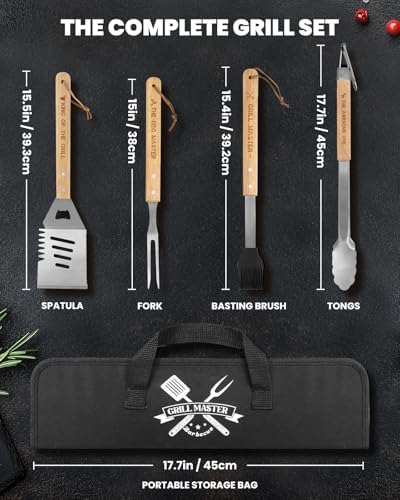 4PCS Grilling Accessories BBQ Tools - Stainless Steel Grill Set with Tongs, Fork, Spatula, Brush, Carrying Bag, Birthday for Men, Father, Husband - Image 2