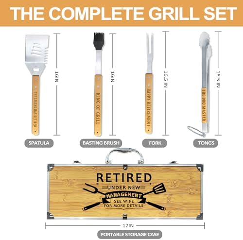 Retirement Gifts for Men, Retired Gift for Dad, Grandpa, Coworker, Retirees Heavy Duty Wooden BBQ Grill Accessories Kit, Thick Stainless Steel Grill Utensil with Non-Slip Handle Tools in Portable Box - Image 3
