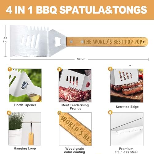 Pop Pop Gifts from Grandkids, Christmas Pop Pop Gifts Heavy Duty Wooden BBQ Grilling Accessories Kit for Backyard, Thick Stainless Steel Grill Utensils with Non-Slip Handle Tools in Portable Bag - Image 2