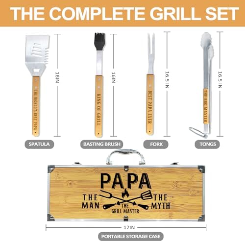 Papa Gifts from Grandkids, Gift for Papa Fathers Day Heavy Duty Wooden BBQ Grilling Accessories Kit for Backyard, Thick Stainless Steel Grill Utensils with Non-Slip Handle Tools in Portable Bag - Image 3
