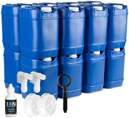 5-Gallon Stackable Water Storage Containers with Lids, Emergency Water Storage Kit Including Spigots, Wrench, and Water Preserver, 80 Gallons by SaratogaFarms