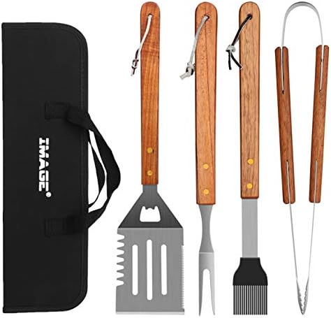 IMAGE Wooden BBQ Accessories Grill Sets,Stainless Steel BBQ Grill Tools Utensils Set for Outdoor Grilling, Cooking, Backyard Barbecue & Camping Gift for Man Dad Women Barbecue Enthusiasts Set of 4 by IMAGE
