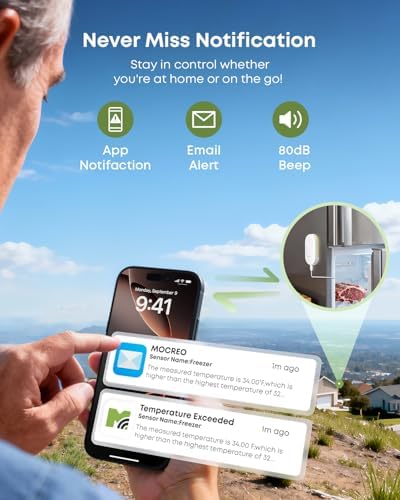 MOCREO WiFi Freezer Thermometer with Alarm, Wireless Refrigerator Temperature Sensor with Remote App Notification, Email Alert, 2 Years Free Data Export, for Home Kitchen Fridge Hot Tub - Image 2