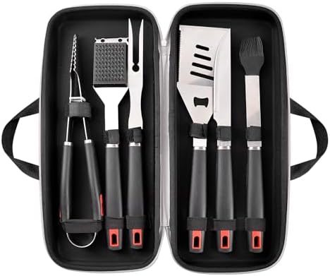 Grilling Accessories Set Spatula Fork Cleaning Brush Food Tongs Carving Knife Basting Brush Durable Stainless Steel BBQ Grill Tools with Extra Thick Storage Case BBQ Accessories Grill Set by YJHOLE