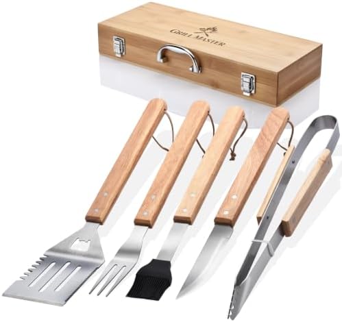 5-Piece BBQ Tools Set with Bamboo Case, Wooden Handle Stainless Steel Grill Accessories for Outdoor Cooking,Camping and Barbecue - Image 6