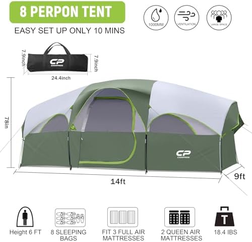 CAMPROS CP 8 Person Camping Tent, Room Divider, Rainfly, Weather Resistant - Image 2