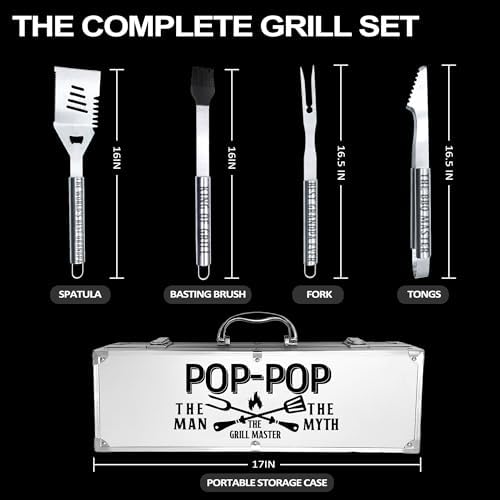 Pop Pop Gifts, Poppop Gifts from Grandkids Fathers Day Heavy Duty Grilling Accessories Kit for Backyard BBQ, Thick Stainless Steel Grill Utensils with Non-Slip Handle Tool Grilling Gift for Man - Image 3