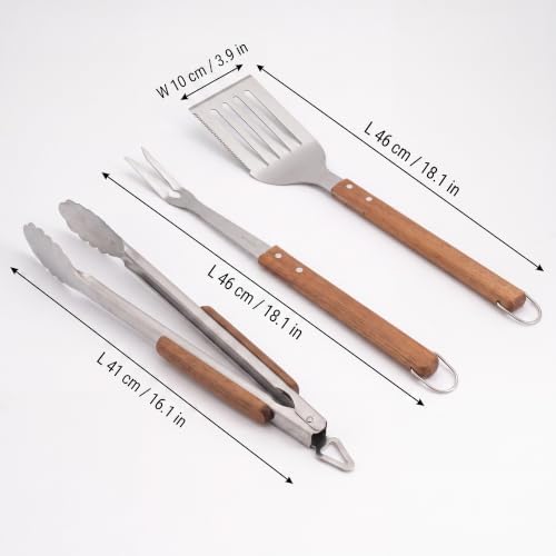 3-Piece BBQ Tool Set, 18-Inch Stainless Steel, Acacia Handles - Image 2