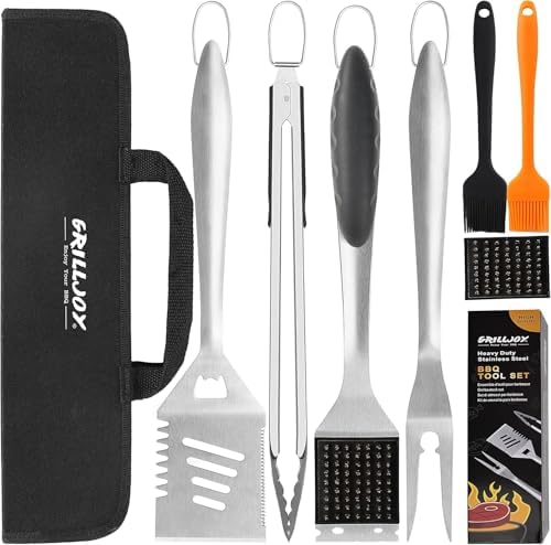 grilljoy 8PCS BBQ Grill Tools Set with Extra Thick Stainless Steel Spatula, Fork, Tongs & Cleaning Brush - Complete Barbecue Accessories Kit with Portable Bag - Perfect Grill Gifts for Father's Day by grilljoy
