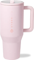 HydroJug Traveler - 40 oz Water Bottle with Handle & Flip Straw - Fits in Cup Holder, Leak Resistant Tumbler-Reusable Insulated Stainless Steel & Rubber Base - Gifts for Women & Men, Pink Sand