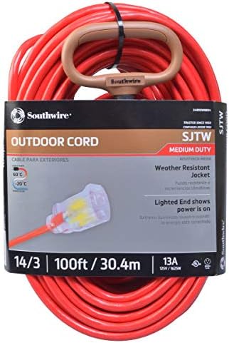 100ft SJTW 14/3 Outdoor Ext Cord W/ Lighted End (Red)