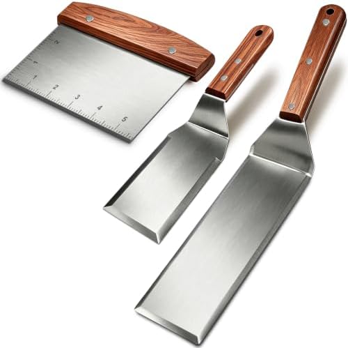 Extra Long and Small Griddle Spatulas and Scraper, Thicker Steel by BBQTOOLACCESSORIESFORGRIDDLE