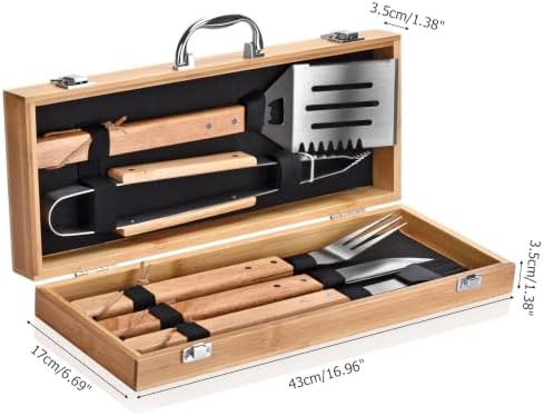 5-Piece BBQ Tools Set with Bamboo Case, Wooden Handle Stainless Steel Grill Accessories for Outdoor Cooking,Camping and Barbecue - Image 4