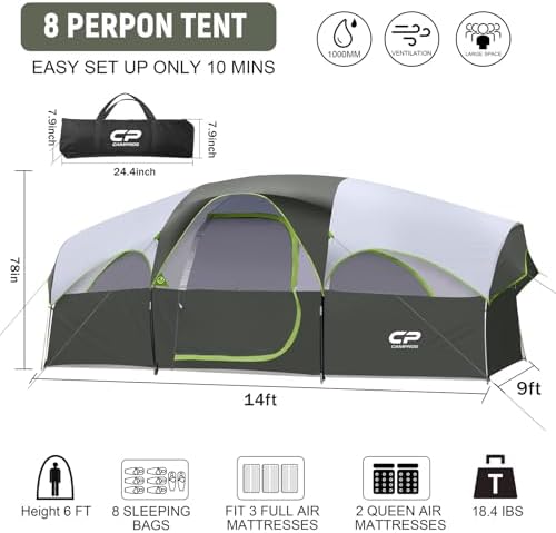 CAMPROS CP 8 Person Camping Tent, Room Divider, Rainfly, Weather Resistant - Image 2