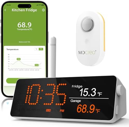 MOCREO WiFi Remote Refrigerator Thermometer, 1/3 Mile Long Range Freezer Alarm, IP66 Waterproof, App Email Alert, with Digital Monitor Hub, 1 Smart Wireless Temperature Sensor for Kitchen, Fridge, RV by MOCREO