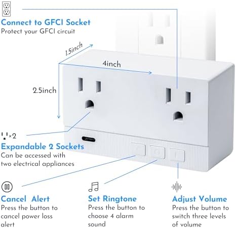Power Failure Alarm with 2 Socket,80-110dB Adjustable Freezer Alarm with 4 Siren,Power Loss Alert with LED Indicator,Blackout Alert for GFI/GFCI Trips,Refrigerator,Aquarium Air Pump - Image 3