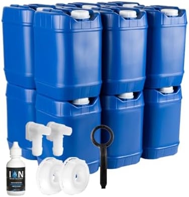 5-Gallon Stackable Water Storage Container kit (60 Gallons), Emergency Water Storage Kit Including 12 (HDPE) Containers w/Built in Handle, Lids, Spigots, Wrench, and 1 Bottle of Water Preserver, by SaratogaFarms