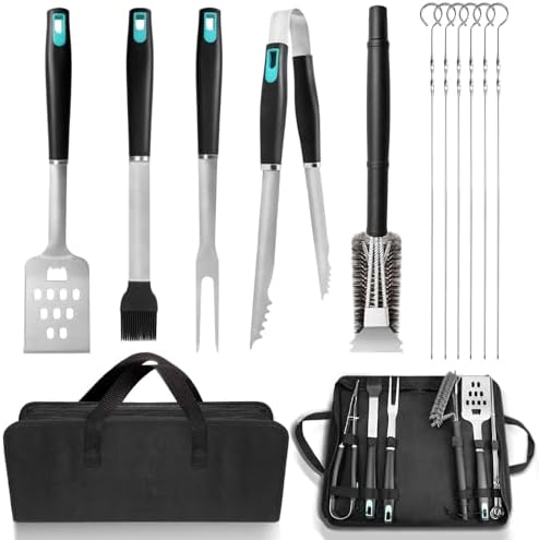 5-Piece Grill Tools Set, Heavy Duty BBQ Utensils with Extra Tough Wire Brush, Spatula, Tongs, Fork & Basting Brush – Outdoor Grilling Accessories & Gifts for Men Dad (Camping, Backyard) by Unknown