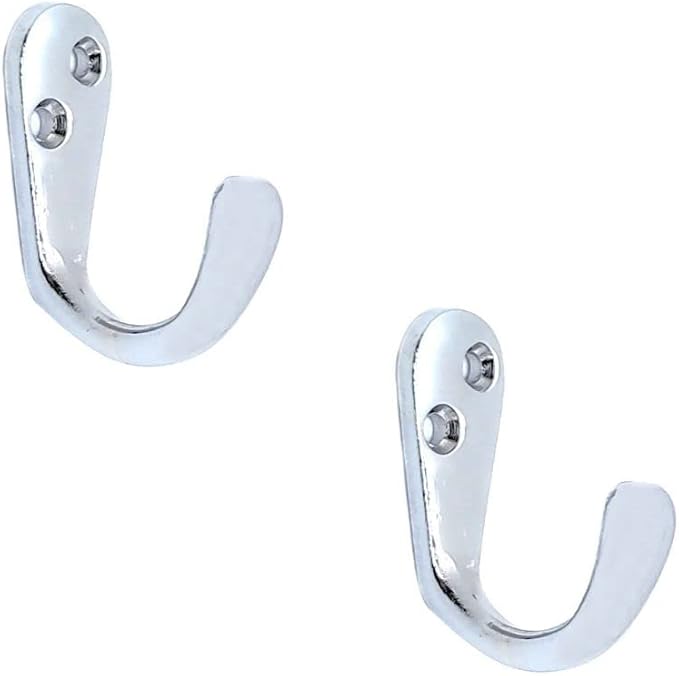 FAPBADRI Multipurpose Hooks, Used to Hang Clothes, Bags, Coats, Curtain Hold Backs, Keys, Silver Colour, Material - White Metal, Screws and Wallplugs Included, Pack of 2 Pieces