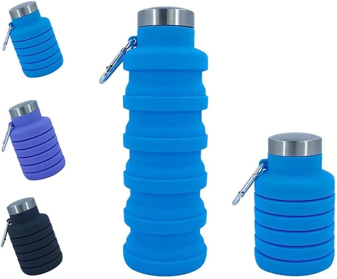 Collapsible Water Bottles 17oz, Odorless BPA-Free Silicone, Leak-Proof Foldable Reusable Bottle - Perfect for Travel Sports Gym Hiking Camping Cycling - Light Blue