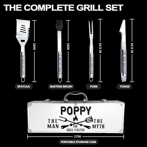 Poppy Gifts, Poppy Gifts for Grandpa from Grandkids Fathers Day Heavy Duty Grilling Accessories Kit for Backyard BBQ, Thick Stainless Steel Grill Utensils with Non-Slip Handle Tool for Man on Birthday - Image 2