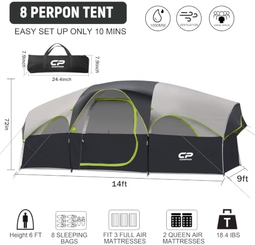 CAMPROS CP 8 Person Camping Tent, Room Divider, Rainfly, Weather Resistant - Image 2