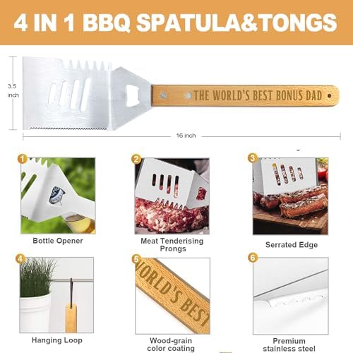 Bonus Dad Gifts from Bonus Daughter Christmas, Heavy Duty Wooden BBQ Grilling Accessories Kit for Backyard, Thick Stainless Steel Grill Utensils with Non-Slip Handle Tools in Portable Bag - Image 2