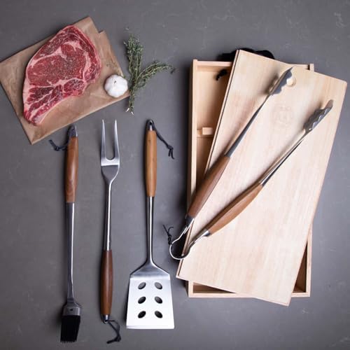 Schmidt Brothers - BBQ Bonded Teak 4 Piece Grilling Accessory Set, Full-Forged Stainless Steel Grilling Utensils Including Spatula, Fork, Basting Brush, and Tongs with All Wood Handles - Image 6