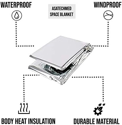 ASA TECHMED Emergency Mylar Thermal Blanket, Foil Rescue Space Blanket - Silver - Designed for NASA, Outdoors, Survival, Hiking, Natural Disasters, First Aid, Marathons (10)
