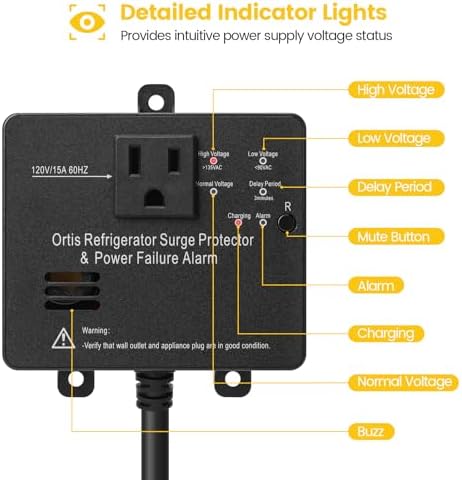 Ortis Refrigerator Surge Protector & Power Failure Alarm, Protects Against Voltage Abnormalities, with LED Indicator Light & 110dB Alarm, Ideal for Refrigerators, Freezers, and Sewage, Black - Image 5