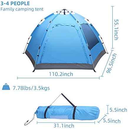 Family Camping Pop Up Tent, 3-4 Person Automatic Instant Tent with Shelter, Double Layers Waterproof, Windproof, Anti-UV with Carry Bag for Backpacker, Beach, Outdoor, Traveling, Hiking - Image 3