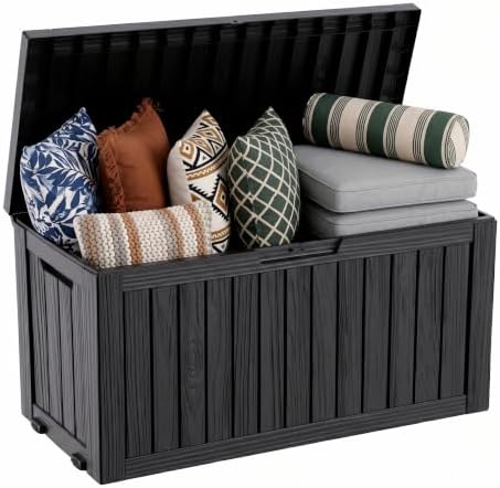 EasyUp 165 Gal Waterproof Deck Box, Lockable Outdoor Storage Boxes, Black by EASYUP