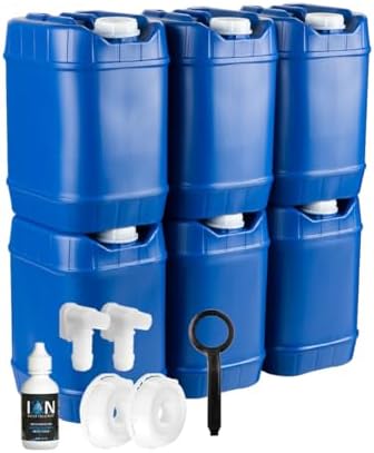 Stackable Water Containers with Lids, 5-Gallon Each, Emergency Kit Including Spigots, Wrench, and Water Preserver, 30 Gallons Total by SaratogaFarms