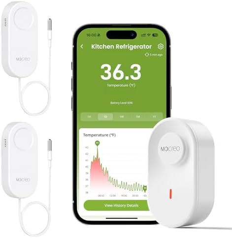 MOCREO WiFi Thermometer Freezer Alarm, Email Alert, App Notification, Data Record Export, No Subscription Fee, 2 Remote Wireless Temperature Sensors for Refrigerator, Freezer, Hot Tub by MOCREO