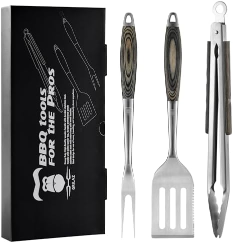 Grilaz Stainless Steel BBQ Tool Set with Veined-Dyed Wooden Handles | Heavy Duty Grilling Accessories | 3-Piece Outdoor Barbecue Grill Utensil Set with Spatula, Fork, and Tongs - Ideal Gift for Men… by Grilaz