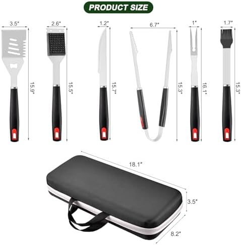 Grilling Accessories Set Spatula Fork Cleaning Brush Food Tongs Carving Knife Basting Brush Durable Stainless Steel BBQ Grill Tools with Extra Thick Storage Case BBQ Accessories Grill Set - Image 2