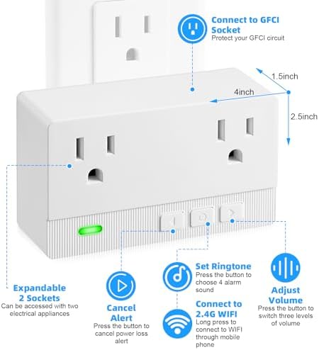 Freezer Alarm Wireless WiFi Alert 2.4GHz,Power Failure Alarm with 2 Socket, 110dB Power Loss Alert with LED Indicator,Blackout Alert for GFCI Trips,Refrigerator,Freeze,Compatible with Smart Life - Image 3