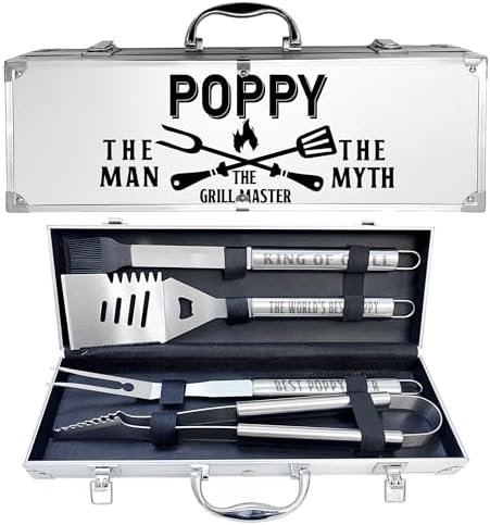 Poppy Gifts, Poppy Gifts for Grandpa from Grandkids Fathers Day Heavy Duty Grilling Accessories Kit for Backyard BBQ, Thick Stainless Steel Grill Utensils with Non-Slip Handle Tool for Man on Birthday by JNDJE