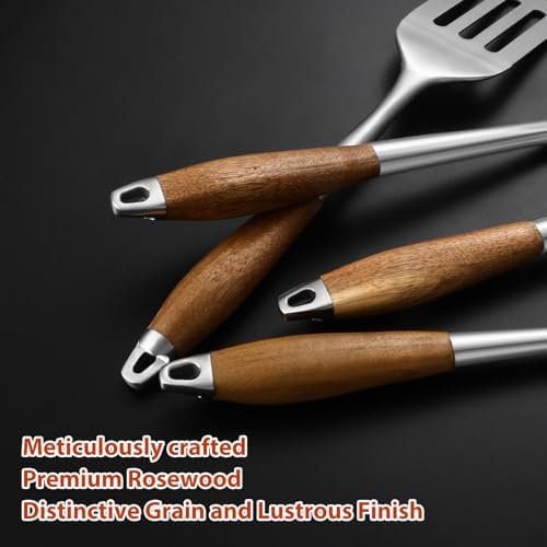 4 pcs Heavy-Duty Rose Wooden BBQ Grilling Tools Set, Extra Thick Stainless Steel Multi-Functional Spatula, Fork, Tong, Cleaning Brush - an Excellent Barbecue Gift for Men - Image 5