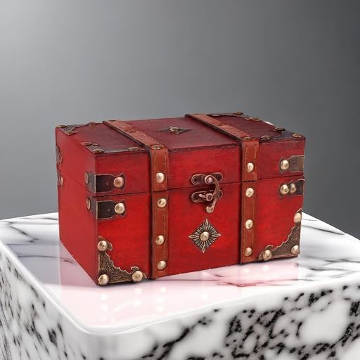 SICOHOME Treasure Chest, 7.1" Vintage Wooden Decorative Box with Pirate Trinkets for Jewelry, Tarot Cards, Gifts and Home Decoration Christmas Ornament Storage