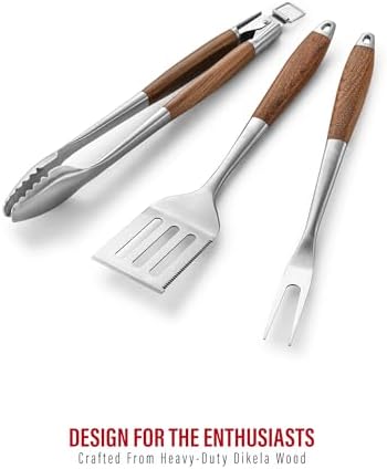 Heavy-Duty ​Dikela Wooden BBQ Grilling Tools Set. Extra Thick Stainless Steel Multi-Function Spatula, Fork & Tongs | Essential Accessories for Barbecue & Grill. Ideal Gift for Father - Image 2