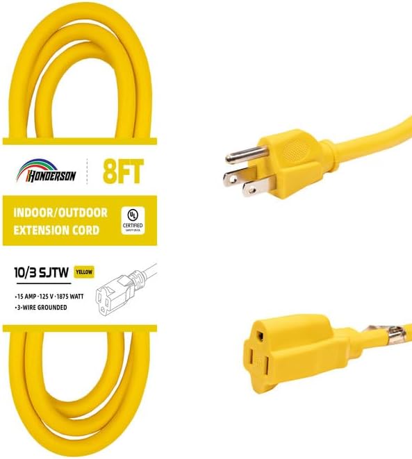 Indoor/Outdoor Extension Cord, 10 Gauge 8FT Yellow, 3 Prong Heavy Duty, Weatherproof, UL Certified, 15A Power Cord for Outdoor Lights, Appliances, Lawn