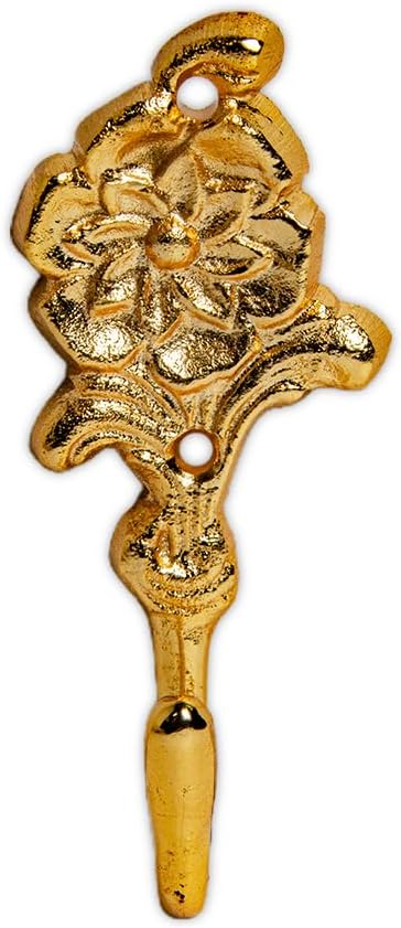 FAPBADRI Multipurpose Hooks, Used to Hang Clothes, Bags, Coats, Curtain Hold Backs, Keys, Colour - Full Gold, Material - Brass, Flower Design, Screws and Wallplugs Included, Pack of 4 Pieces