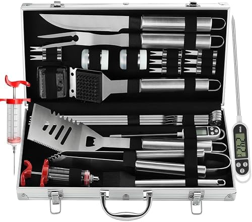 grilljoy 24PCS BBQ Grill Tools Set with Meat Thermometer and Injector - Extra Thick Stainless Steel Fork, Spatula& Tongs - Complete BBQ Accessories in - Perfect Grill Gifts for Father's Day by grilljoy