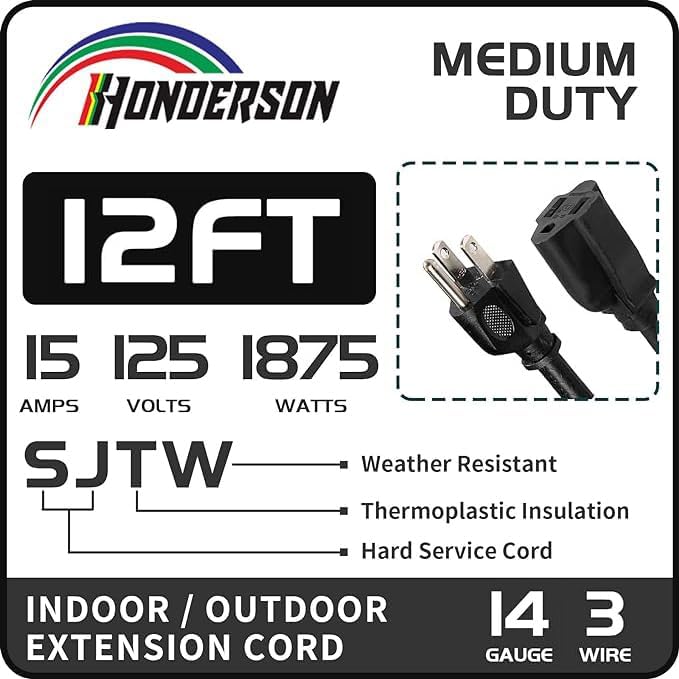 Indoor Outdoor Extension Cord Weatherproof, UL Certified, 14 Gauge 12FT Black 3 Prong Heavy Duty, 14/3 SJTW 15A Power Cord for Outdoor Lights, Appliances, Lawn