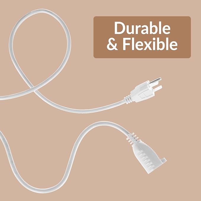 Heavy Duty Extension Cord/Wire Power Cable, Indoor 16/3, Single Outlet, 3 Feet, UL Listed, White