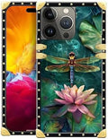 Compatible with iPhone 15 Pro Max Case, Colourful Dragonfly Pink Lily Pads Luxury Golden Decoration for Girl Women Soft TPU Shockproof Protective Hard PC Back for iPhone 15 Pro Max
