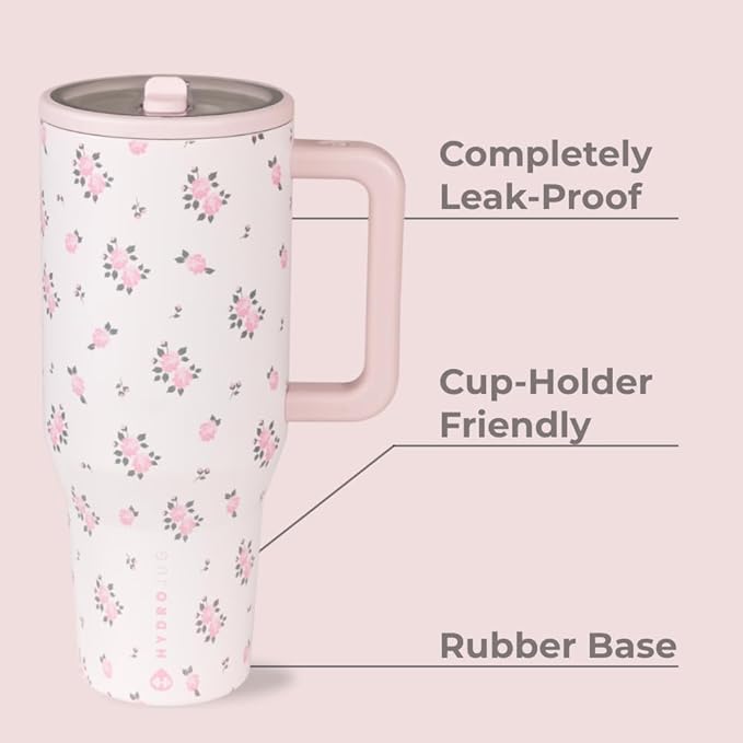 HydroJug Traveler - 32 oz Water Bottle with Handle & Flip Straw - Fits in Cup Holder, Leak Resistant Tumbler-Reusable Insulated Stainless Steel & Rubber Base - Gifts for Women & Men, Wildrose