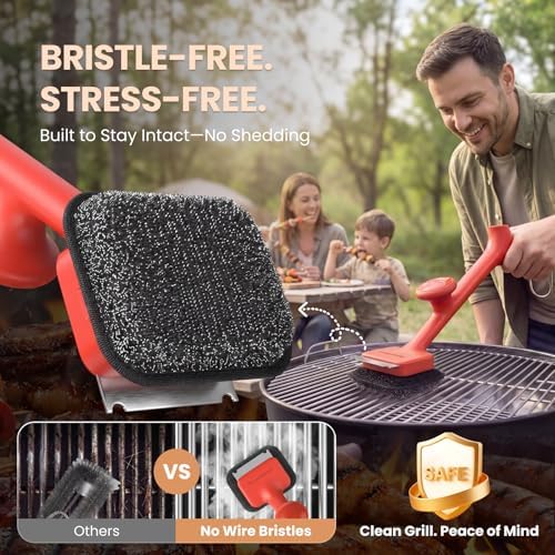 ThermoMaven Bristle-Free BBQ Grill Brush - No Wire Risk Steam Cleaner Removes Burnt Grease Fast - 17" Cool-Touch Handle, Scraper & 3 Replaceable Heads for Gas, Charcoal & Cast Iron - Image 3